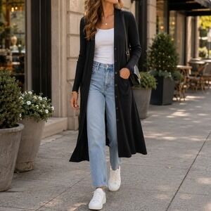 Maurices Black Ribbed Long Cardigan Duster Sweater Pockets Small Minimalist